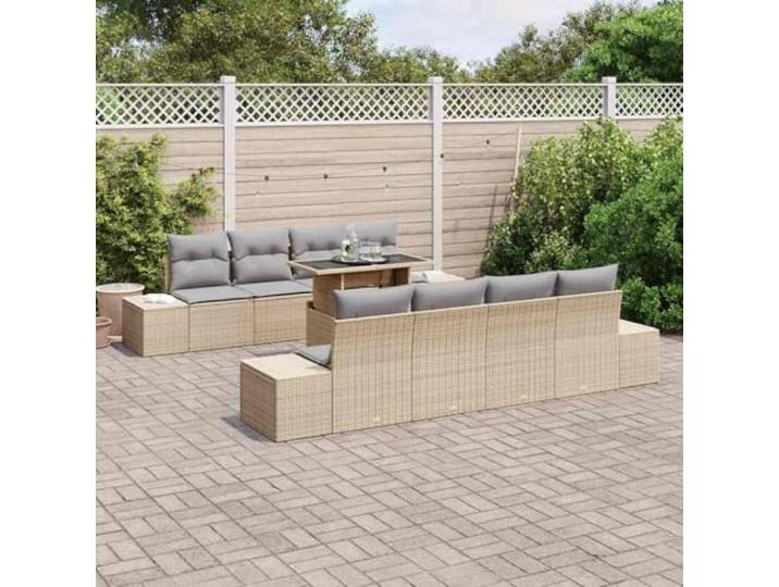 KTHLBRH Modulares Sofa-Set für den Außenbereich, Beige, Hellgrau Polyrattan, pulverbeschichteter Stahl, 8 Kissen, Tisch inklusive, wetterfest