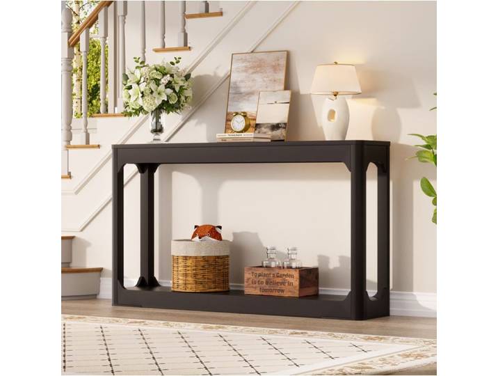 PENQUR Console noire 140 x 30 x 79 cm en MDF 2 niveaux de rangement ouvert