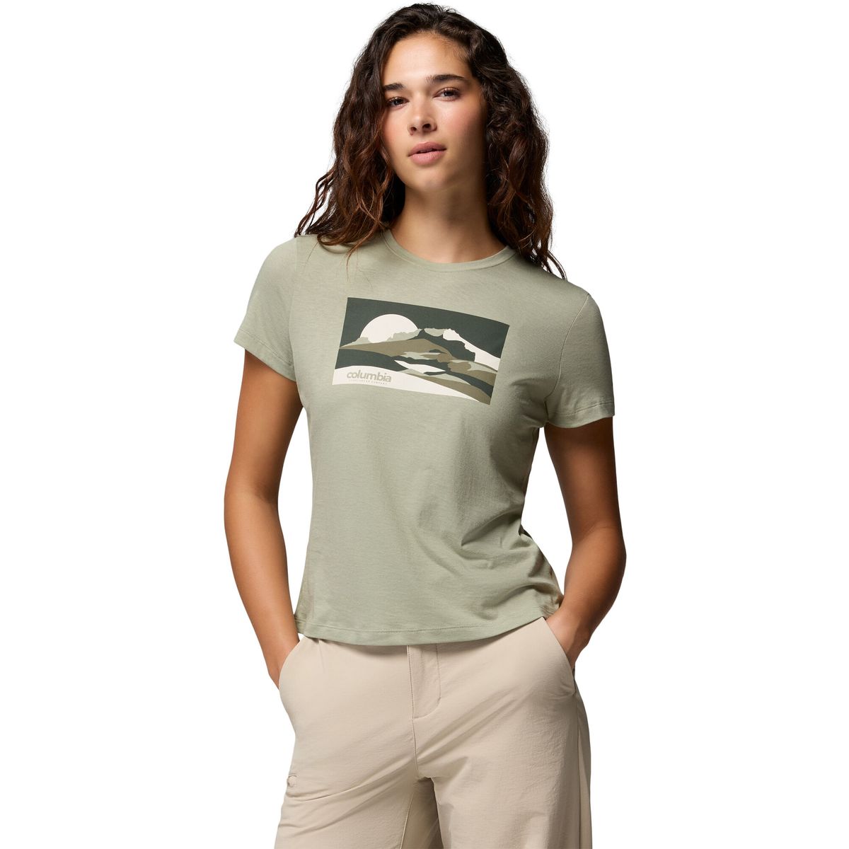 Columbia Women's Ruby Springs Graphic Fitted Technical T-shirt safari moonlit hillscape (351) L 212006-2120061-351-L