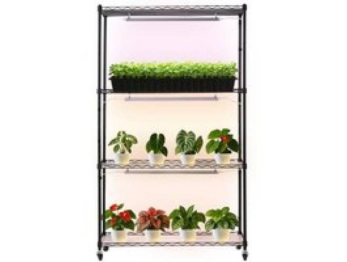 VEVOR Pflanzenregal mit Wachstumslicht 90x35x150 cm, 4-stufiger Pflanzenständer, Pflanzenregal mit Rädern, 90 W 3-farbige Vollspektrum-Lichter, Blumenregal aus Metall für Samenkeimung