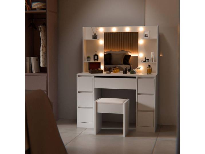 Juskys Schminktisch Malia und Hocker Melly mit LED, 7 Schubladen & großem Spiegel – Weiß