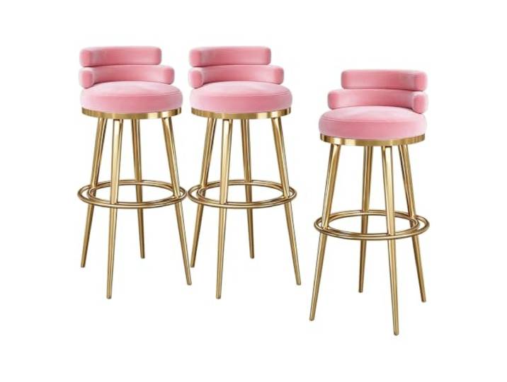 Barhocker 1/2/3/4er Set Samt Niedrige Rückenlehne Metallgestell rosa Samtbezug auf hochdichtem Schaum, niedrige Rückenlehne für langen Komfort, Metallgestell mit Fußstütze(3 PCS,29.5in)