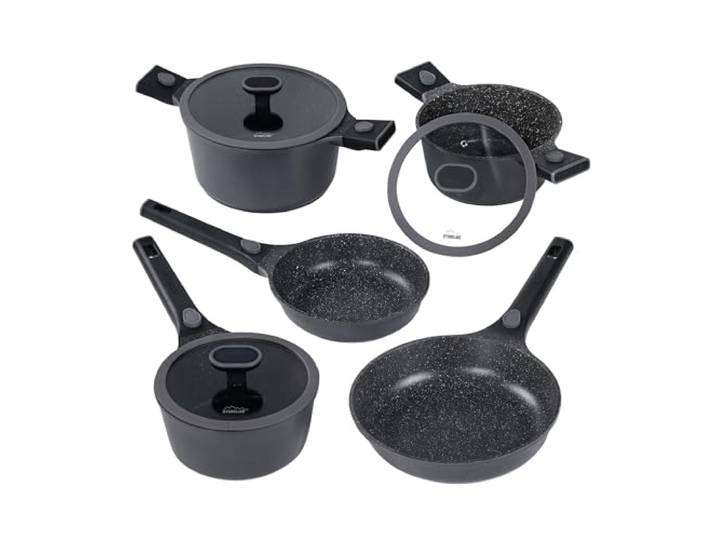 STONELINE SMART Pfannen Töpfe Set 8-teilig REDESIGN 25/26 Aluguss Topfset mit Deckel, Abnehmbarer Griff, Kochtopf Pfanne Induktion, Alle Herdarten, Antihaftbeschichtet Echte Steinpartikel, Grau
