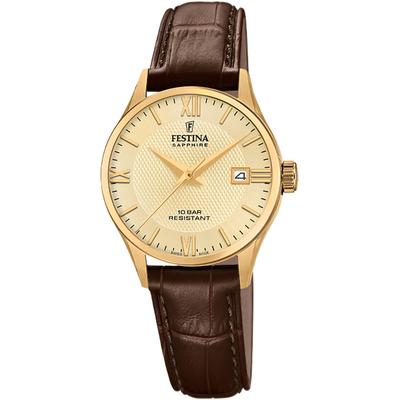 Quarzuhr FESTINA, gold (dunkelbraun), Armbanduhren, Damen, Quarzuhr, Armbanduhr, Damenuhr, Swiss Made, Lederarmband, analog, Datum