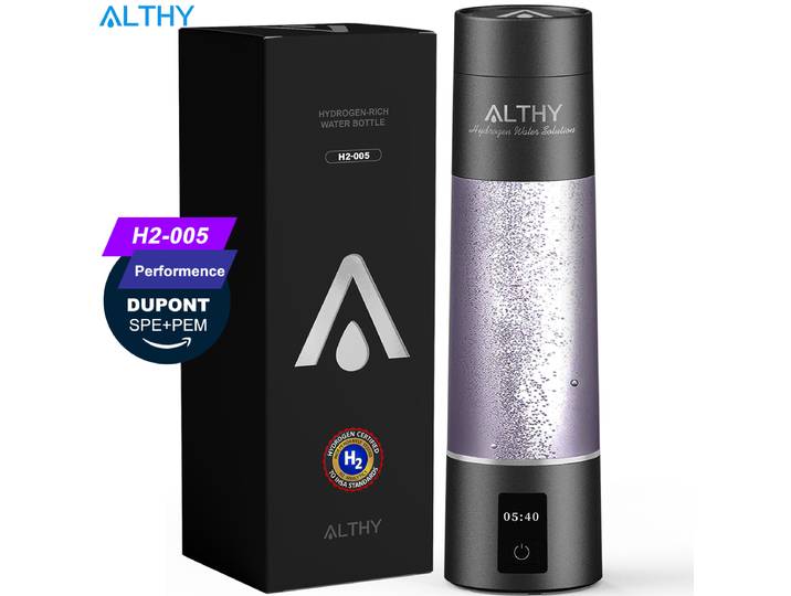 Bouteille générateur d'eau à hydrogène moléculaire ALTHY Performance DuPont SPE & PEM loniseur à double chambre + charge et affichage de l'heure