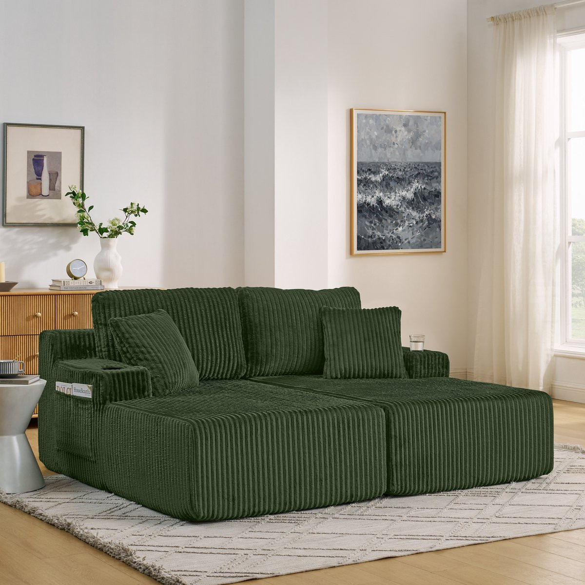STILVORA Slaapbank 2-Zits - Relaxfauteuil en Loungesofa met Bekerhouder en Zijvak - Kord Groen
