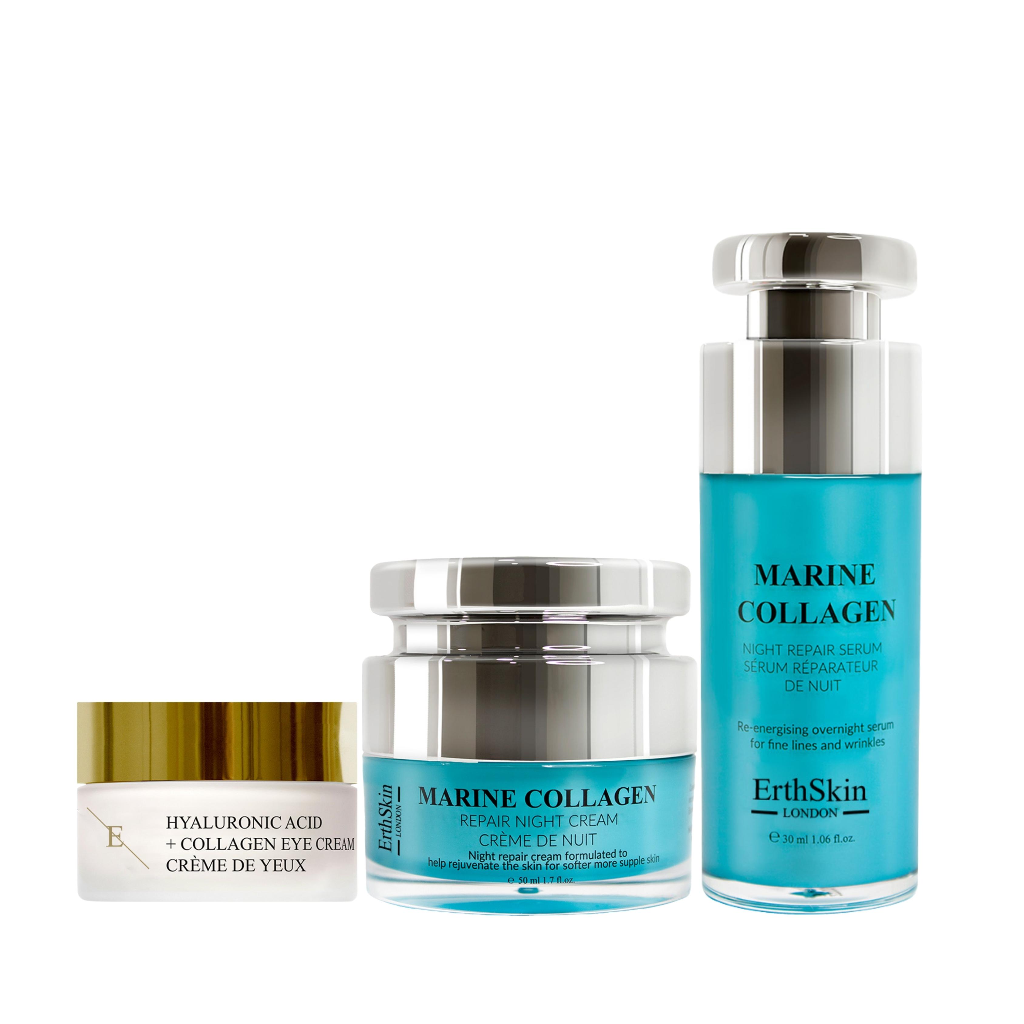 Marin Kollagen Nachtcreme 50ml + Hyaluronsäure + Kollagen Pro Age Augencreme + Marin Kollagen Nacht Reparaturserum 30ml