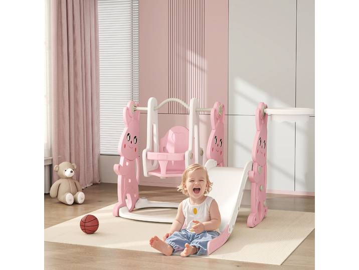AIYAPLAY Toboggan & Balançoire Enfants 4 en 1 Rose 147x160x107cm