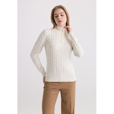 Stehkragenpullover FELIX HARDY "Pullover mit Zopfmuster", Damen, Gr. L, weiß (ecru), 100% Baumwolle, hoch geschlossener Ausschnitt, Pullover Stehkragenpullover