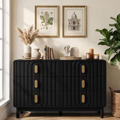 Royalcraft Art Deco Collection Blue/Beige/Black MDF Fluted 6 Drawer Dresser with Anti-Tip Device