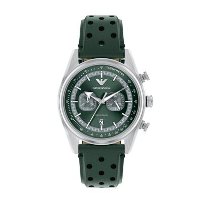 Chronograph EMPORIO ARMANI, grün (grün, silberfarben), Armbanduhren, Herren, Chronograph, Quarzuhr, Armbanduhr, Herrenuhr, Lederarmband, analog, Tag
