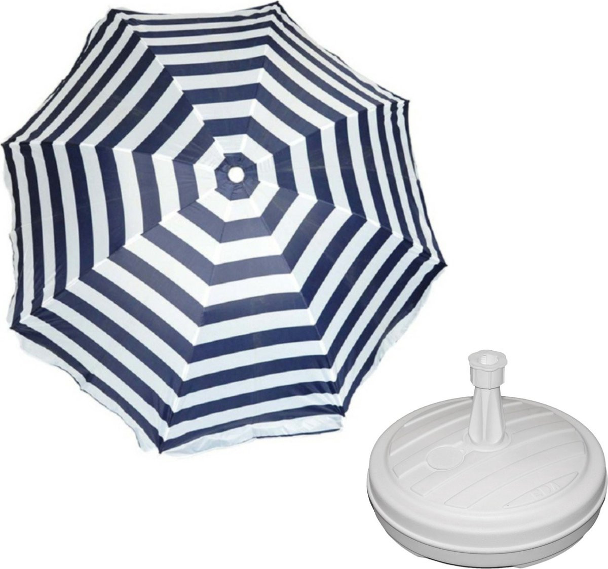 Blauwe en witte parasol met draagtas en parasolvoet, Diameter: 160 cm