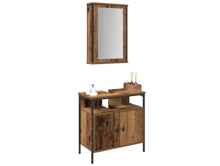 KTHLBRH Badmöbel Set 2tlg. braun 60x30x60cm Technisches Holz, flacher Spiegel, 2 Einlegeböden, 3 Türen, schwarze Griffe, Wandmontage, Verwendung im Innenbereich
