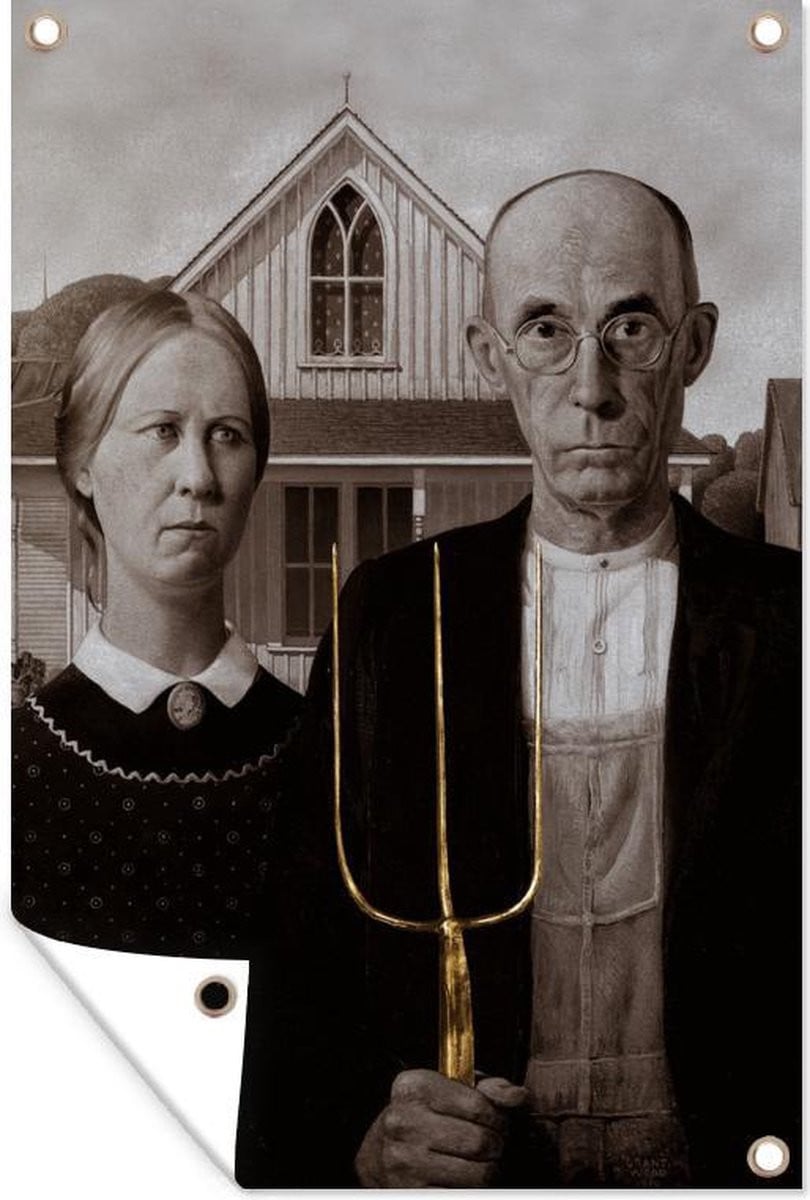 Tuindecoratie American Gothic van Grant Wood - Goud - Tuinposter voor buiten - B/H: 80 x 120 cm