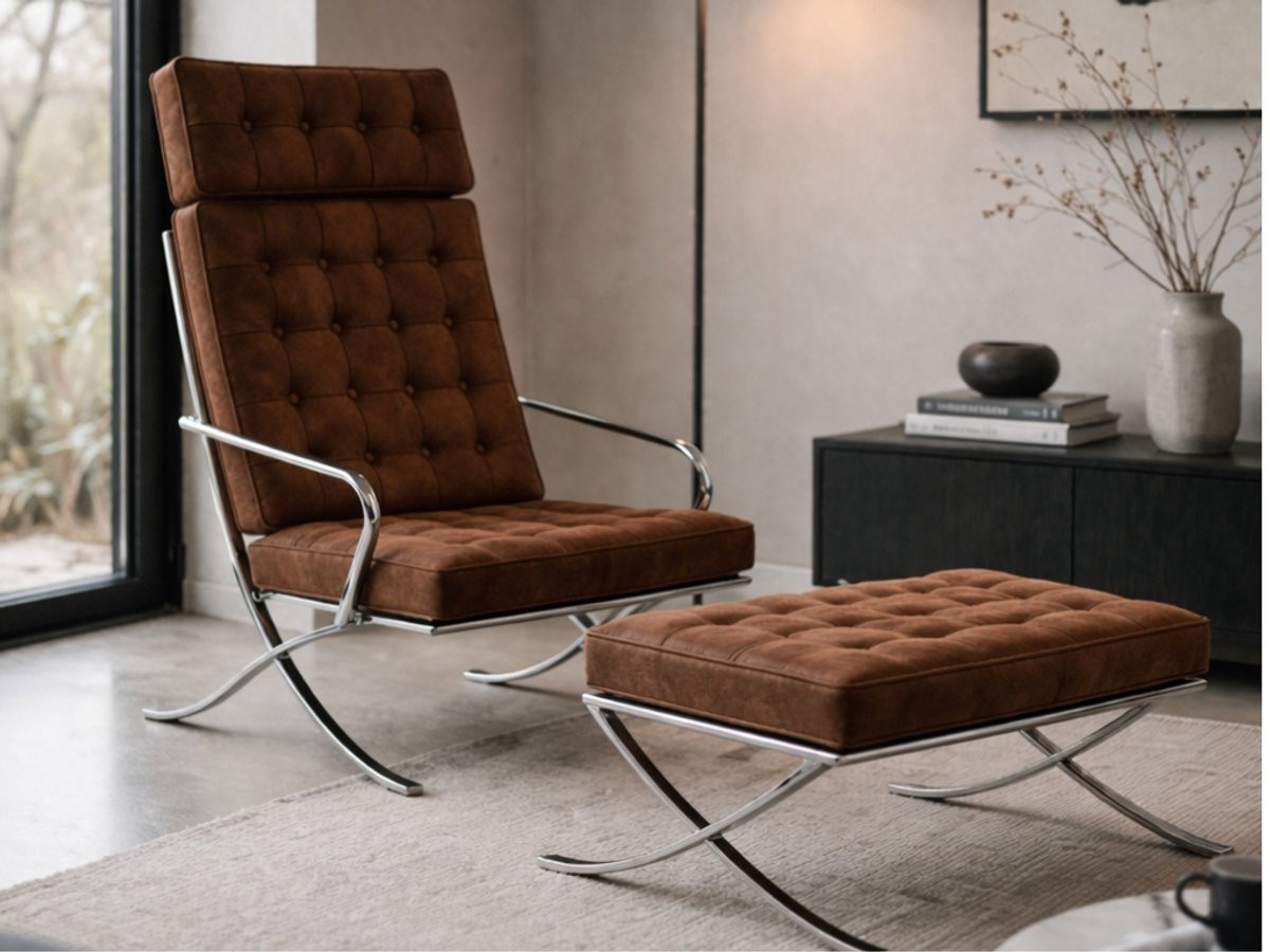 Milano Chair met Hocker - Vintage Bruine Loungefauteuil en Stoel
