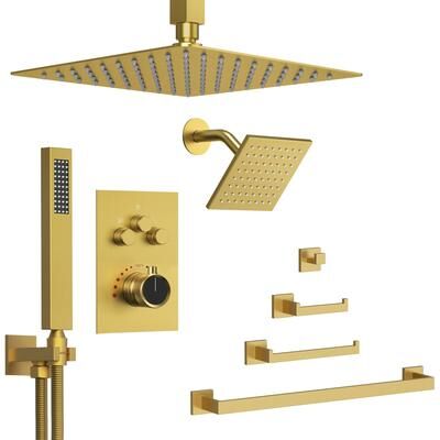 "GRANDJOY Dual Shower Heads 12"" Rainfall Shower System with 4-Piece Bathroom Towel Rack Combo Set"