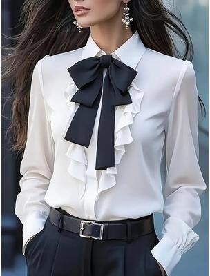 Fabled Fashion Studio Womens Bow Tie Blouse With Ruffle Trim And Long Sleeve white s
