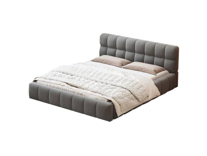 Shopentra Plattformbett 140x190cm mit umlaufender Polsterung & Leinenstoff, Grau, Holz, Schlafzimmer, Betten