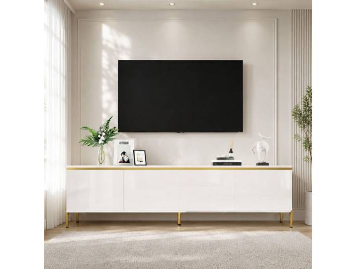 COZHYESS Meuble TV 4 Portes et 2 Placards Passe-câbles Chants Dorés Meuble TV Bas 170x38x50cm Blanc Brillant