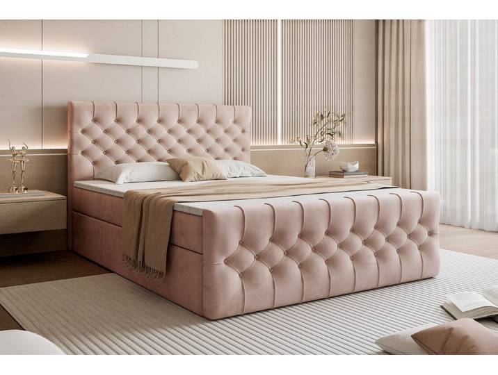 Goldstoff Boxspringbett TAURIEL mit Federkernmatratze & Topper, zwei Bettkästen (von 120 bis 200x200 cm), modernes Doppelbett aus Velvet Stoff mit edlem Kopfteil