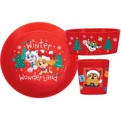 Kindergeschirr-Set KOZIOL "Kleiner Teller + Schale + Becher CONNECT PAW PATROL WINTER WONDERLAND", rot (organic ruby rot), 3 Stk., Kunststoff, Polypropylen, Geschirr-Sets, made in Germany, melaminfrei, 3 Teile, für 1 Person