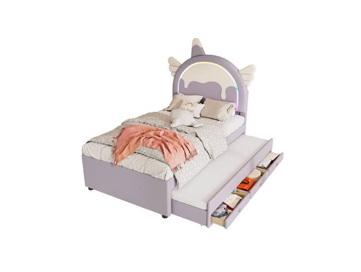 OKWISH Kinderbett Stauraumbett, Einhornform,Funktionsbett,kunstleder (90x200cm), ohne Matratze