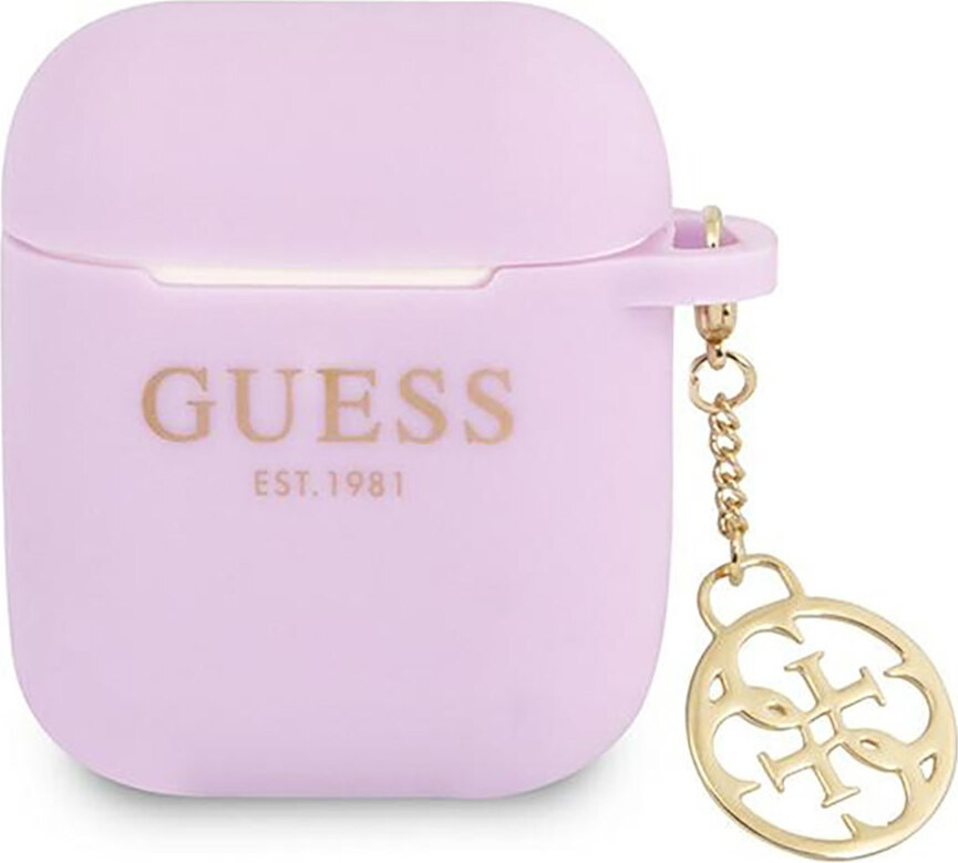 Guess hoesje voor AirPods 1/2 - Lila siliconen hoesje met bedel, 4G collectie