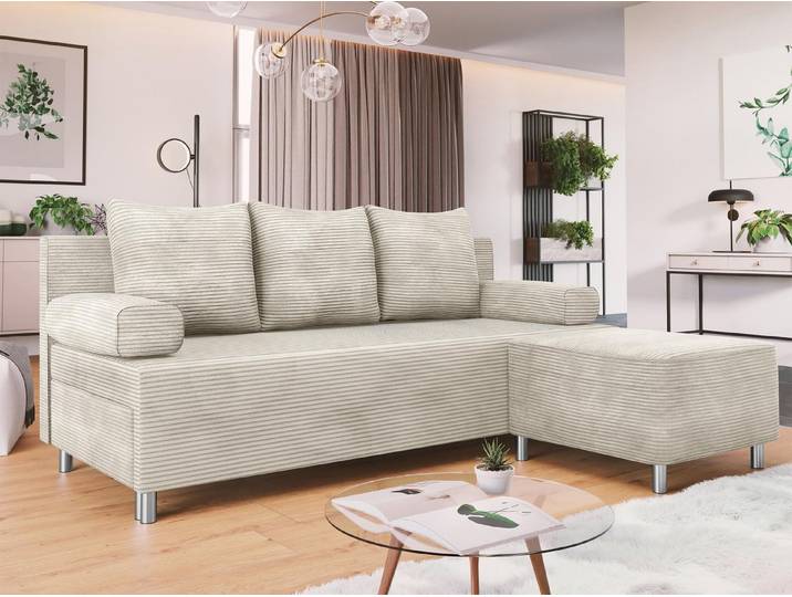 Schlafsofa Dover Cord, mit Schlaffunktion und Bettkasten, Schlafcouch mit Chromfüße, Polsterhocker