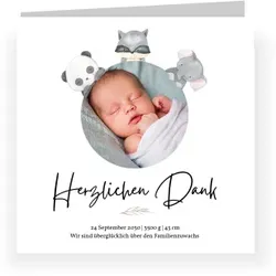 Geburt  Dankeskarte in Weiß im Design "Tierfreundeskreis" - Musterkarte