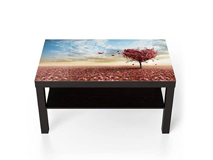 DEQORI Glastisch schwarz groß 90x50 cm Motiv Herzförmiger Laubbaum ausgefallener Beistelltisch aus Glas Hochglanz Couchtisch fürs Wohnzimmer moderner Couch Tisch mit Design
