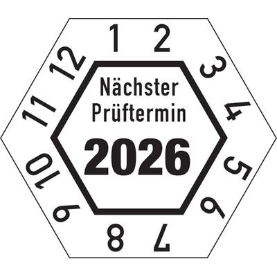Prüfplakette ab 26, Nächster Prüftermin, Jahresfarben - Bogen = 10 Plaketten - 30 x 26 mm Folie selbstklebend