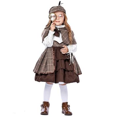 Detektiv-Cosplay-Kostümset, 5-teilig, Mädchen, Film-Cosplay, Halloween, braunes Kleid, Schal, Brille, Halloween, Karneval, Maskerade, Baumwollkostüme