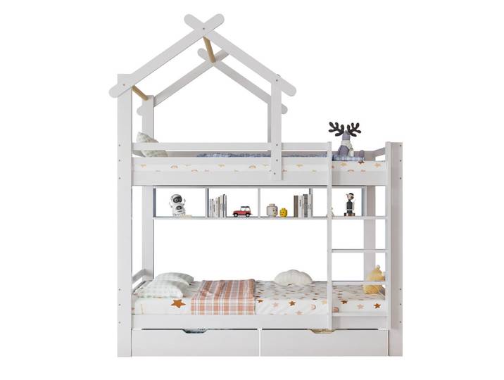 Stilvora Etagenbett 90/200 cm in Weiß mit Schubladen und Regalen aus Kieferholz im Hausbett-Design, Holz, 90x200 cm, Babymöbel & Kindermöbel, Kinderzimmer & Jugendzimmer, Stockbetten