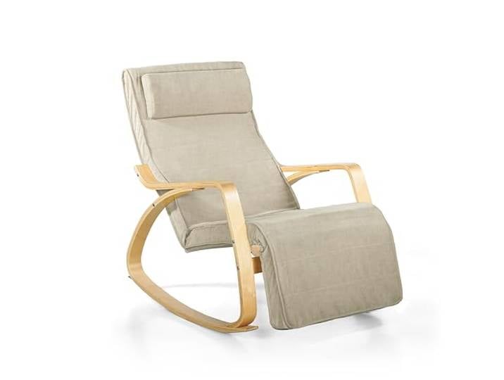 WeHome Swing Amor Schaukelstuhl mit Armlehnen aus Holz, Rocking Chair, Schaukelsessel mit Verstellbarer Fußstütze, Wohnzimmerstuhl, Schlafzimmersessel (Stoff, Beige)