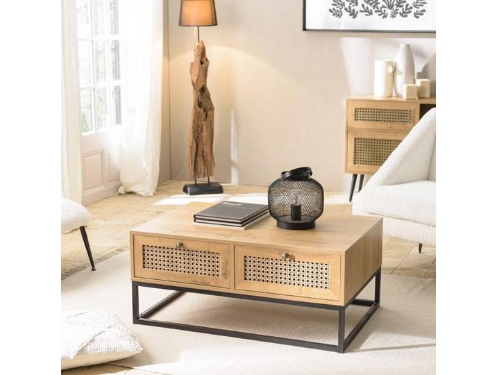 CHARLIE - Table basse marron 4 tiroirs effet cannage pieds métal noir CHARLIE