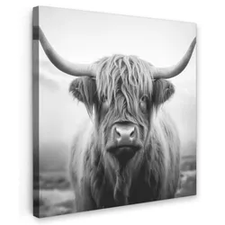 LEINWANDBILD Schottischer Highlander - Nebel - Schwarz - Weiß Deko Wohnzimmer 20x20 cm