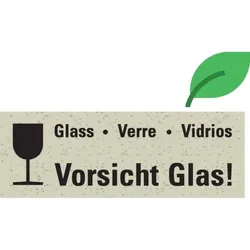 Aufkleber I Hinweisetikett Vorsicht Glas!, 4-sprachig, weiß, Graspapier, 147x50mm, 6/Bogen