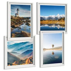 BILDER SET 4er Set - 50x50 cm & 40x60 cm Weißer Rahmen - Ausblicke auf die Natur, Leuchtturm, Berge