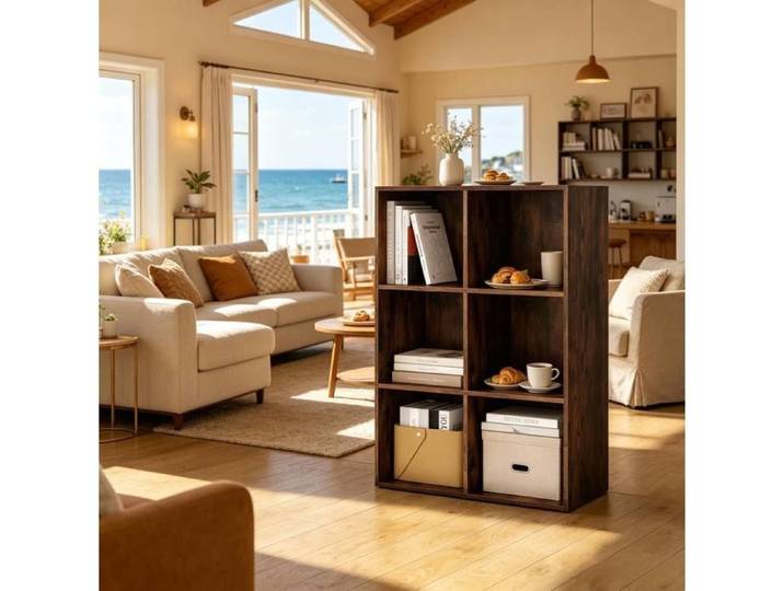 Bibliothèque ouverte 6 cases 59 6 x 89 x 29 cm en bois d'ingénierie marron rustique