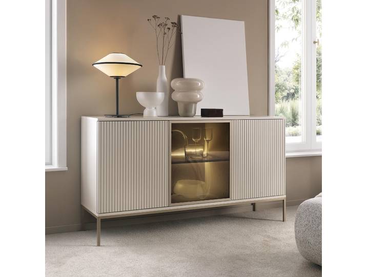 Moderne Geriffelte Kommode LAGOS K3D Kaschmir Matt LED Champagner Gestell Schrank Sideboard