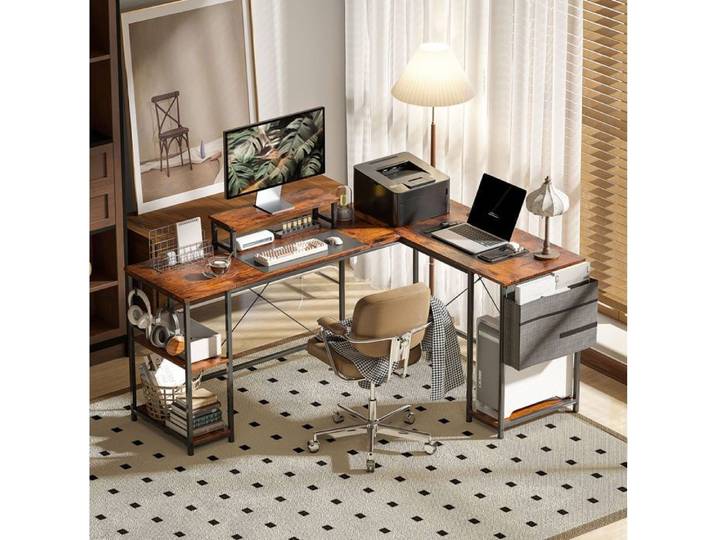 Bureau d'Angle Réversible avec Support d'Écran 2 Étagères et Support CPU - YEAVIO - Bois et Métal Marron
