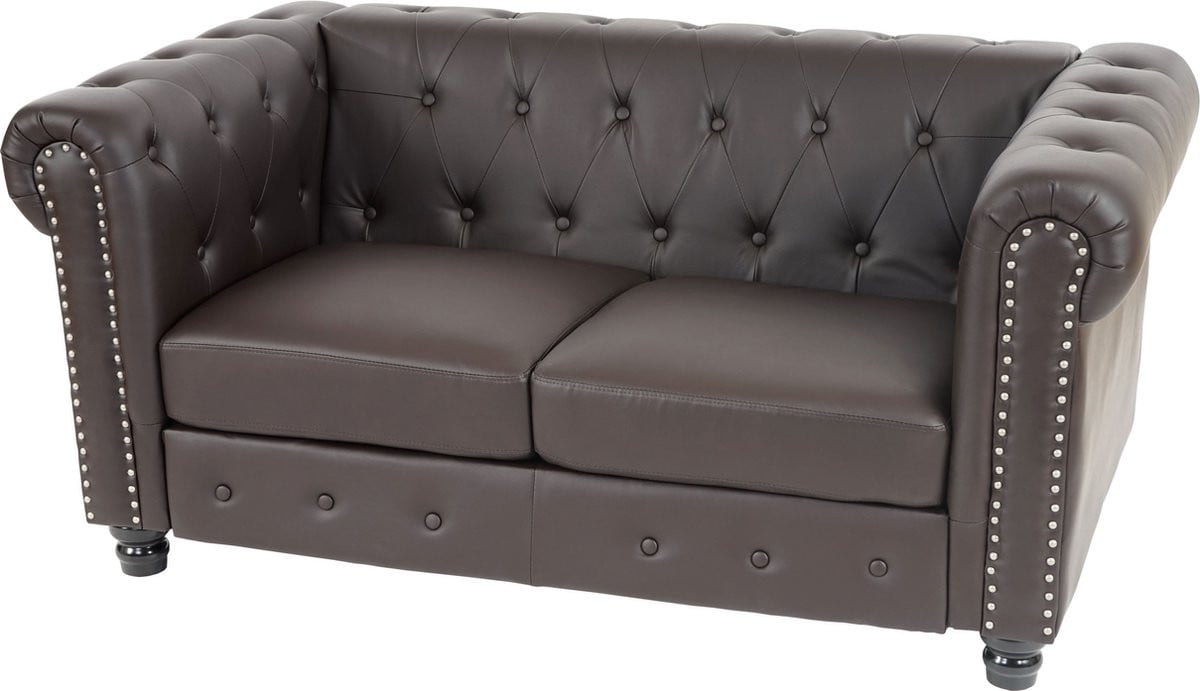 Luxe Chesterfield 2-zits loungebank van kunstleer in het bruin met ronde poten, breedte: 160 cm