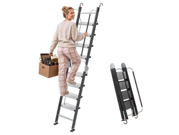 Klappbare Dachbodentreppe mit Handlauf ＆ Haken, 1,8–2,2m Deckenhöhe Aluminium-Bodentreppe, 8-stufige Dachbodenleitern mit Rutschfesten Stufen ＆ Fußpolstern, Tragfähigkeit 150kg