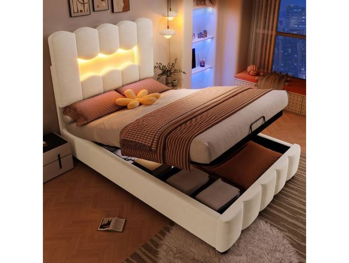 Lit capitonné 90 x 200cm Lit Velours avec espace de rangement hydraulique éclairage LED tête de lit réglable beige (sans