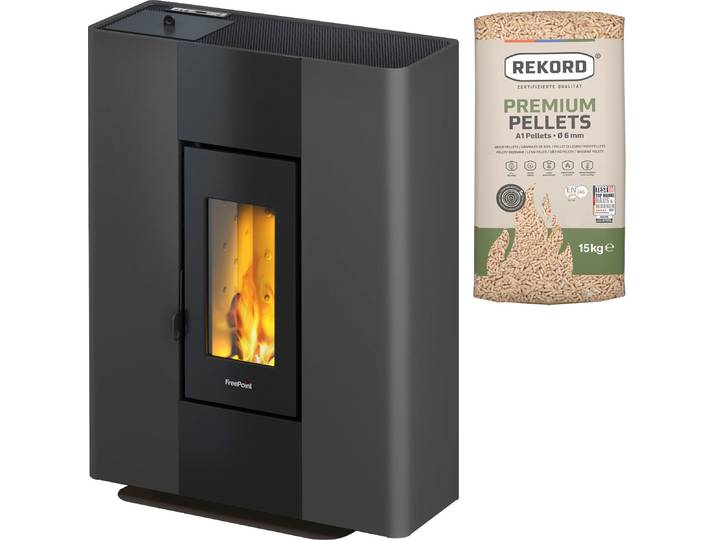 Pelletofen FREEPOINT Roxy Stand raumluftunabhängig , grau (schwarz), Kaminöfen, Pelletofen, Flurmodell, Abgang oben, hinten oder seitlich, WIFI optional