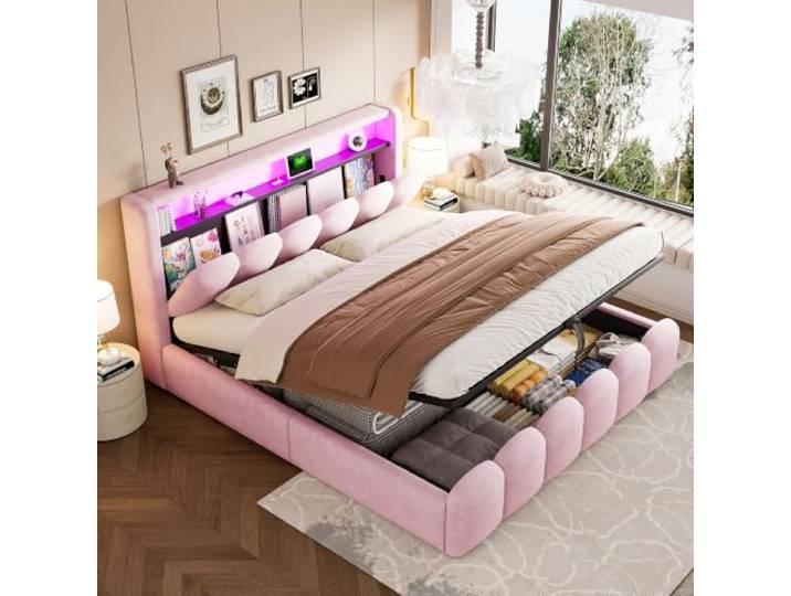 Merax Polsterbett 180x200 cm, Rosa, Samt-Doppelbett mit hydraulischem Stauraum, Kopfteil-Staufach, USB-Typ-C, LED und Blütenblattdesign (Ohne Matratze)