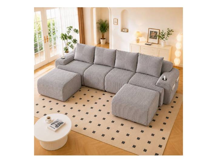 MIBODE Ecksofa Cordsofa 4-Sitzer Modular mit Hocker Hellgrau