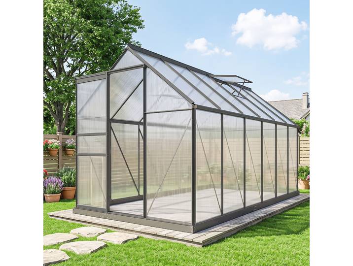 Outsunny Serre Aluminium Polycarbonate 190x375x199cm avec Fondation