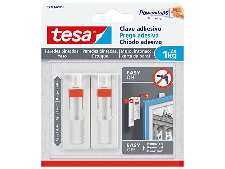 tesa TE7774-00001-00 SMS Clavo Adhesivo Ajustable Hasta 1kg para Pared Pintada, standaard, 2 stuks