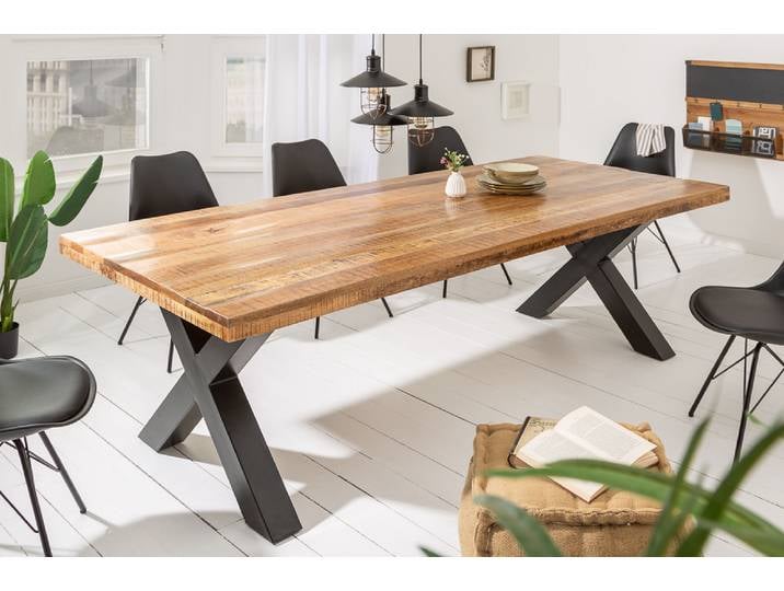 Massiver Esstisch IRON CRAFT 180cm natur Mangoholz schwarzes X-Gestell Metall rechteckig